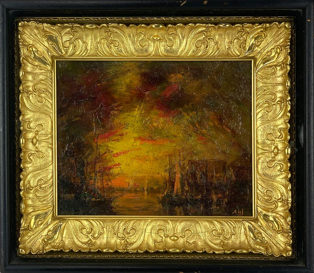 HENRY HAMMON AHL (Massachusetts, 1869-1953): fiery naval battle in port sgn. l.r., Ahl,, o/p; 8 by 10 in.; in original foliate gilt frame and encased in shadow box, overall 13 by 15 in.