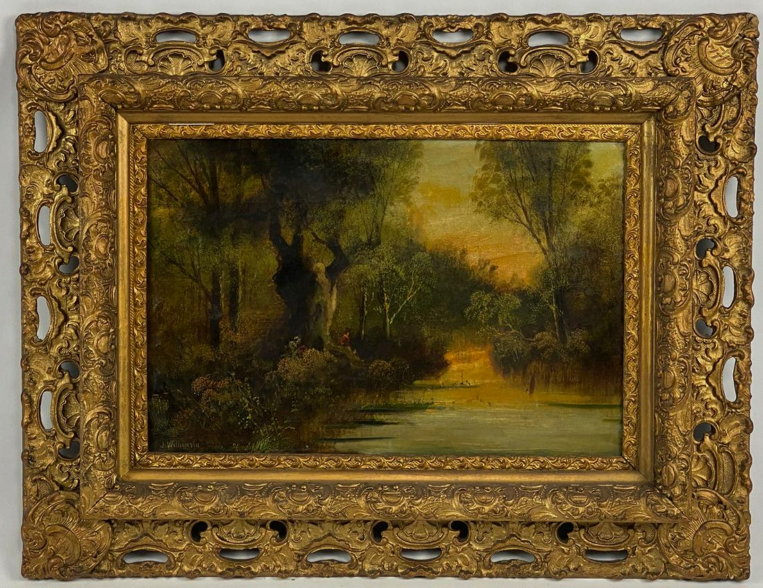 JOHN WILLIAMSON (New York, 1826-1885): landscape with stream and figure sgn. l.l., J Williamson, o/c, 16 by 24 in.; framed 28 by 36 in.