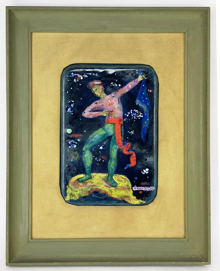 DORIS HALL (Ohio/Massachusetts, 1907-2000): male dancer with scarf enamel on copper, sgn. l.r., Doris Hall, 12.5 by 9 in.; original frame 22 by 18 in.