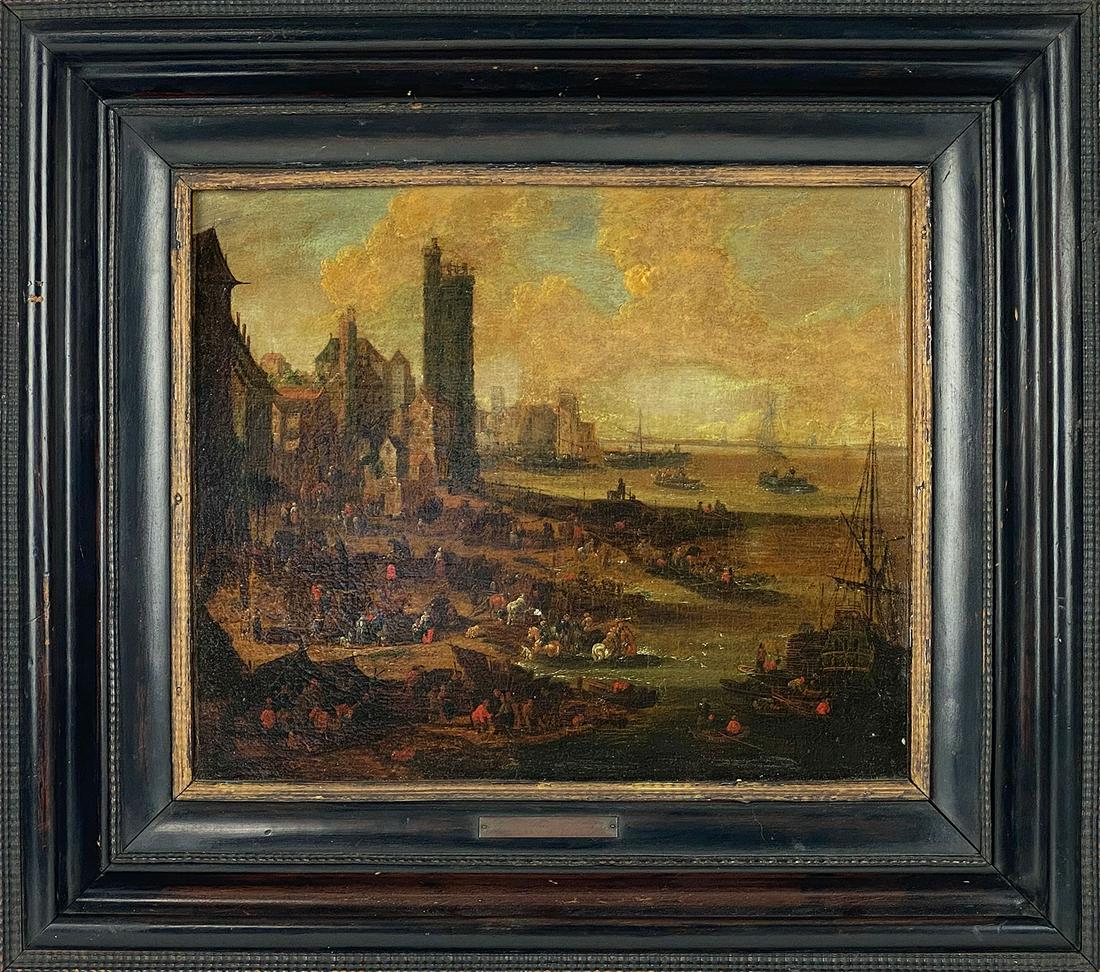 ADRIAN FRANS BOUDWYNS (Flemish, 1664-1711): coastal village scene o/c (relined), 11.25 by 13.25 in.; framed 17.75 by 20 in.