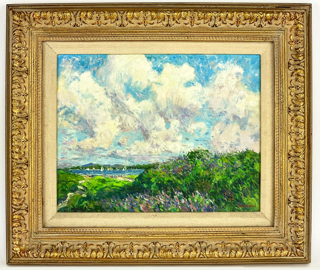 ROGER BARRON (American, 1938-2017): Massachusetts North Shore coastal landscape sgn l.r. Barron, o/b, 11 by 14 in., framed 17 by 20 in; estate stamp on reverse