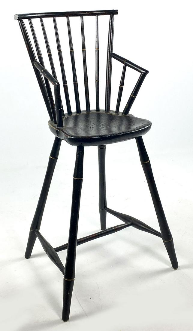 CHILD'S WINDSOR BAMBOO-TURNED HIGH CHAIR: Victorian black paint, 35.5"h; seat 12.5"w