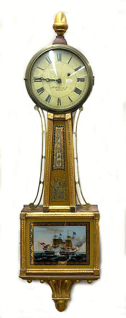 AARON WILLARD JR. WEIGHT-DRIVEN BANJO CLOCK: sgn. on face Aaron Willard Jr. Boston, eglomise panels, the lower panel depicting a Revolutionary ship battle, the neck panel with eagle and shield and brass spandrals;,