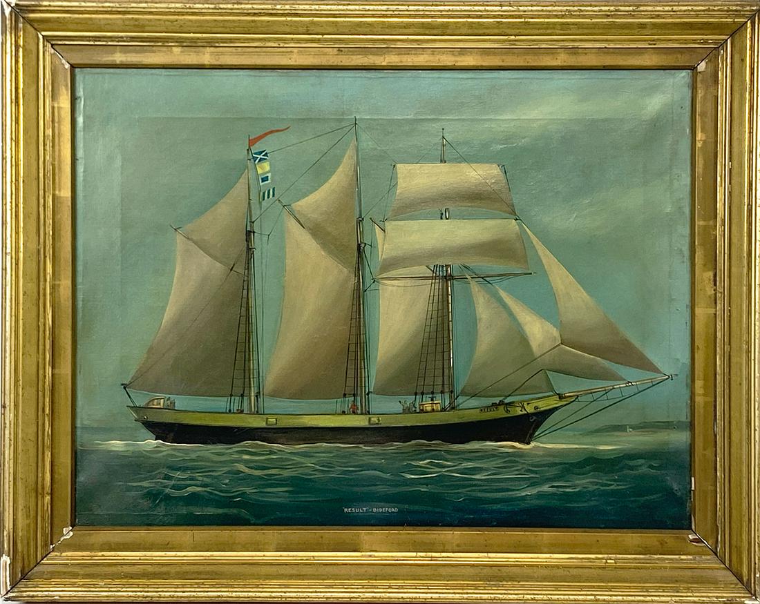 BRITISH MARINE, 19th c.: "Result"- Bideford 3-masted schooner at sail, with figures and titled o/c, 19 by 25 in.; framed 24 by 31 in. stamped on reverse G.