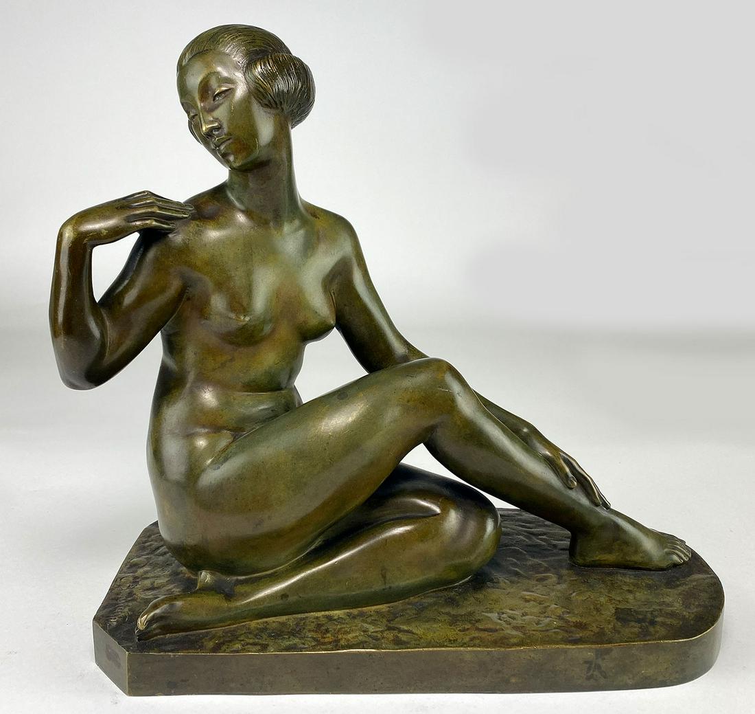 MARCEL ANDRE BOURAINE (France, 1886-1948) BRONZE: art deco nude woman sgn. Bouraine, foundry mark Susse Freres, Paris; 12"h; 14"w; 7"d