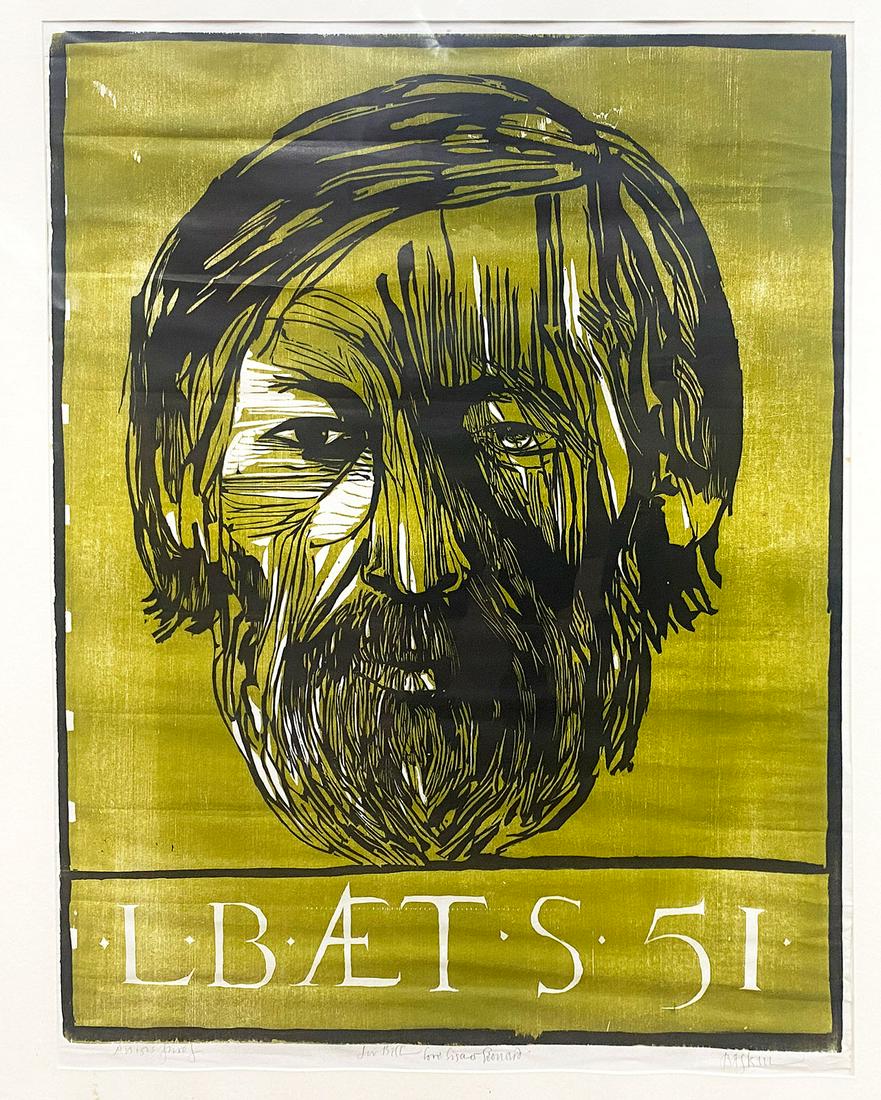 LEONARD BASKIN (American, 1922-2000) ARTIST PROOF: L Baets 51 (self-portrait) sgn. in pencil along bottom edge, ARTISTS PROOF / FOR BILL LOVE LISA..LEONARD / BASKIN, 32 by 24