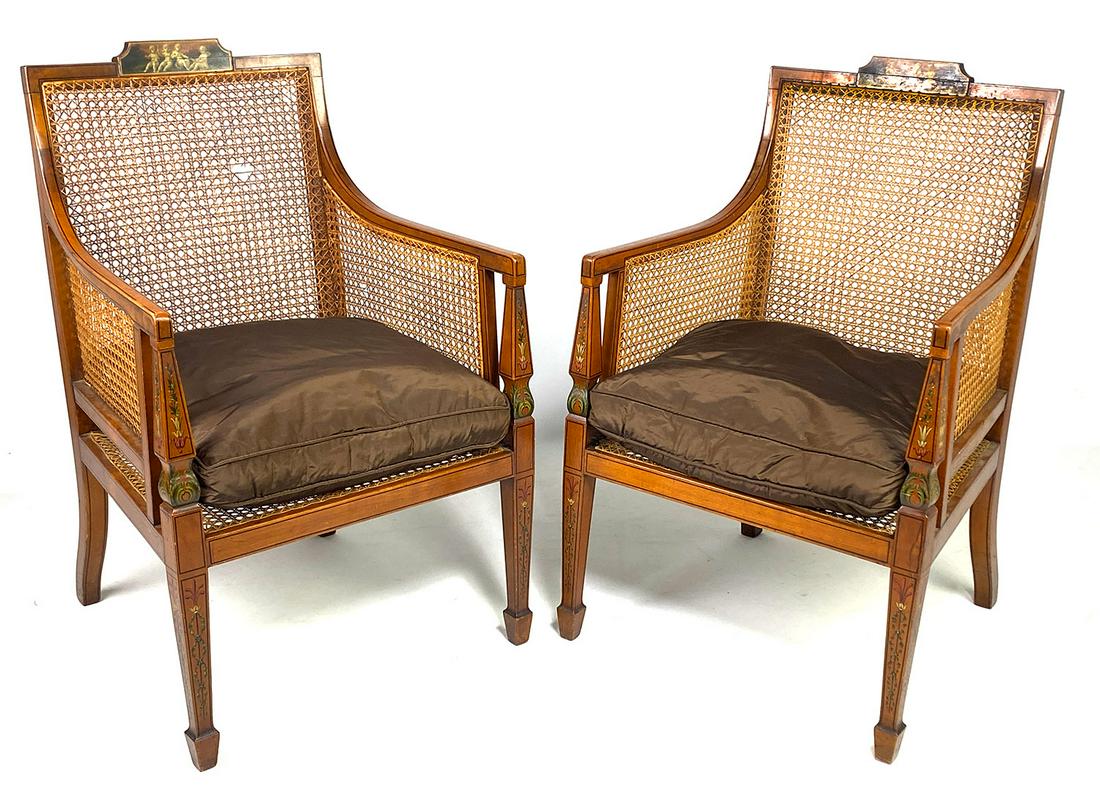 PAIR OF ENGLISH REGENCY SATINWOOD CANED ARMCHAIRS (1 of 2)