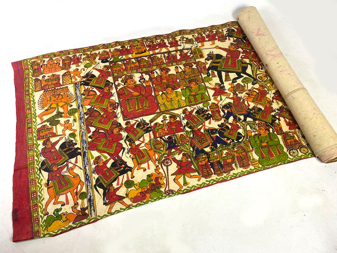 INDIAN HINDU NARRATIVE ROLLED PAINTING, PHAD: Pabuji Ki Phad, Hindu folk deities o/coarse fabric, 3'10" by 16'4" ; comes with fabric travel case Painted and purchased in Bhilwara Rajasthan, N.W. Inida in the 1960's. Reportedly done by t