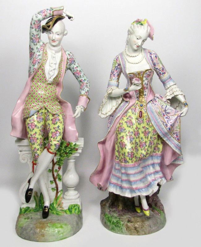 LARGE AND FINE PAIR OF MEISSEN PORCELAIN FIGURINES: probably Marcolini mark, 1774-1814 a courtly gentleman and lady dancing a Spanish dance, the gentleman with blue crossed sword mark; the lady with faint incised script letters to bottom, 24"h