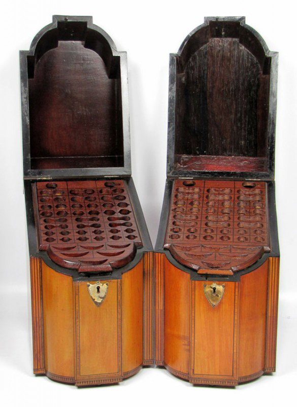 PAIR OF HEPPLEWHITE INLAID MAHOGANY SERPENTINE KNI: conch inlay to hinged lids, fitted cutlery interiors, 15"h; 8"w; 11"d