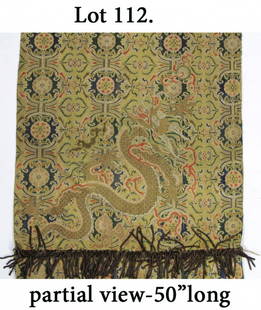 FINE CHINESE PALACE TEXTILE: yellow ground with dragon design, 50" by 13"