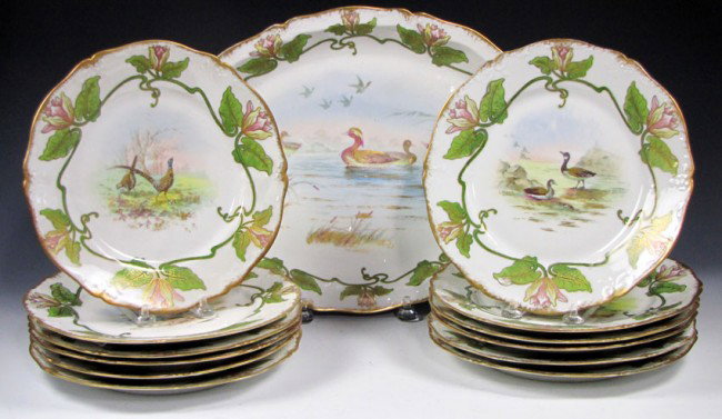 (on 13) LIMOGES HAND-PAINTED PORCELAIN GAME BIRD S: marked: Theodore Haviland Limoges FRANCE, each painting sgn. L. Martin consisting of (12) plates, each with a different painting of game birds, 10"; the oval platter, 18.5" by 12.5