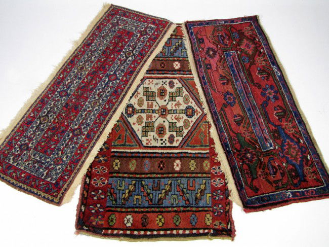 (on 3) PERSIAN CARPET TABLE RUNNERS: cut from larger carpets, 1'10" by 3' 5"; 1' 2" by 3' 2"; the third 1' 2" by 3' 4"