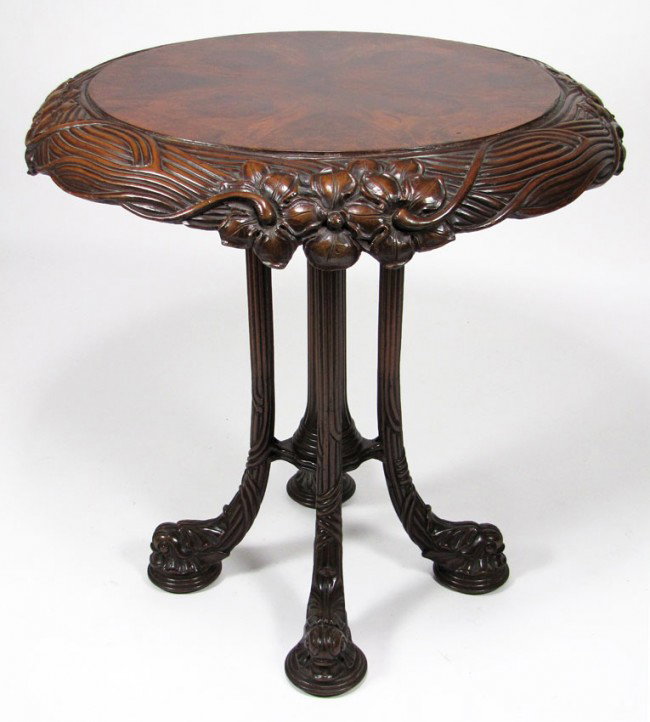 FRENCH ART NOUVEAU CARVED MAHOGANY AND BURL WALNUT: in the manner of Louis Majorelle (1859-1926), 29.5"h; 28.5" diameter
