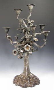 STERLING SILVER REPOUSSE TREE-FORM 9-LIGHT CANDELA: marked with R in shield above STERLING N 128, 25.5"h, 146 troy oz.