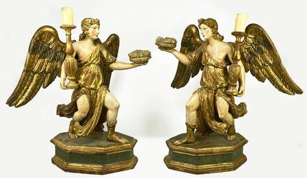 PAIR OF ITALIAN BAROQUE CARVED CANDLE BEARING ANGELS