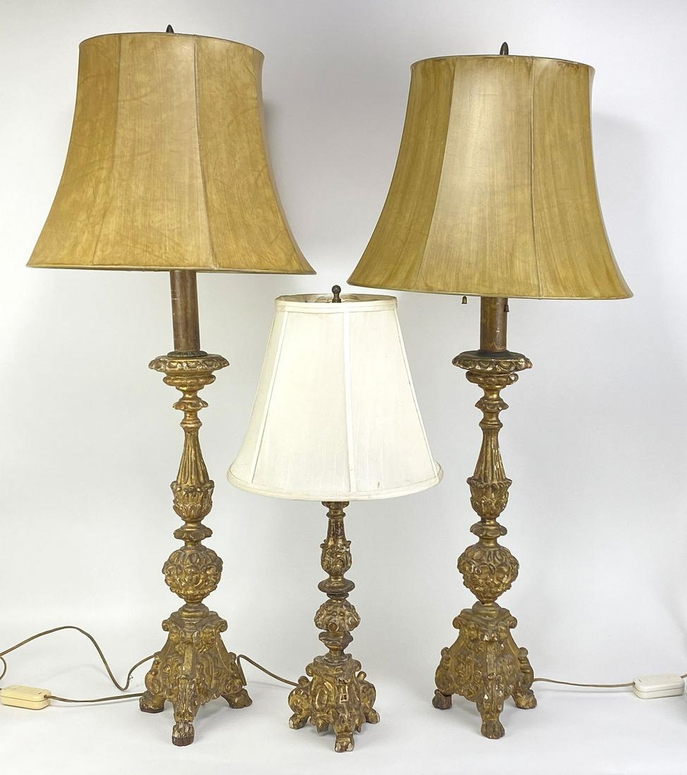 (on 3) PAIR OF GILTWOOD CANDLE HOLDERS, CONVERTED TO LAMPS (1 of 2)