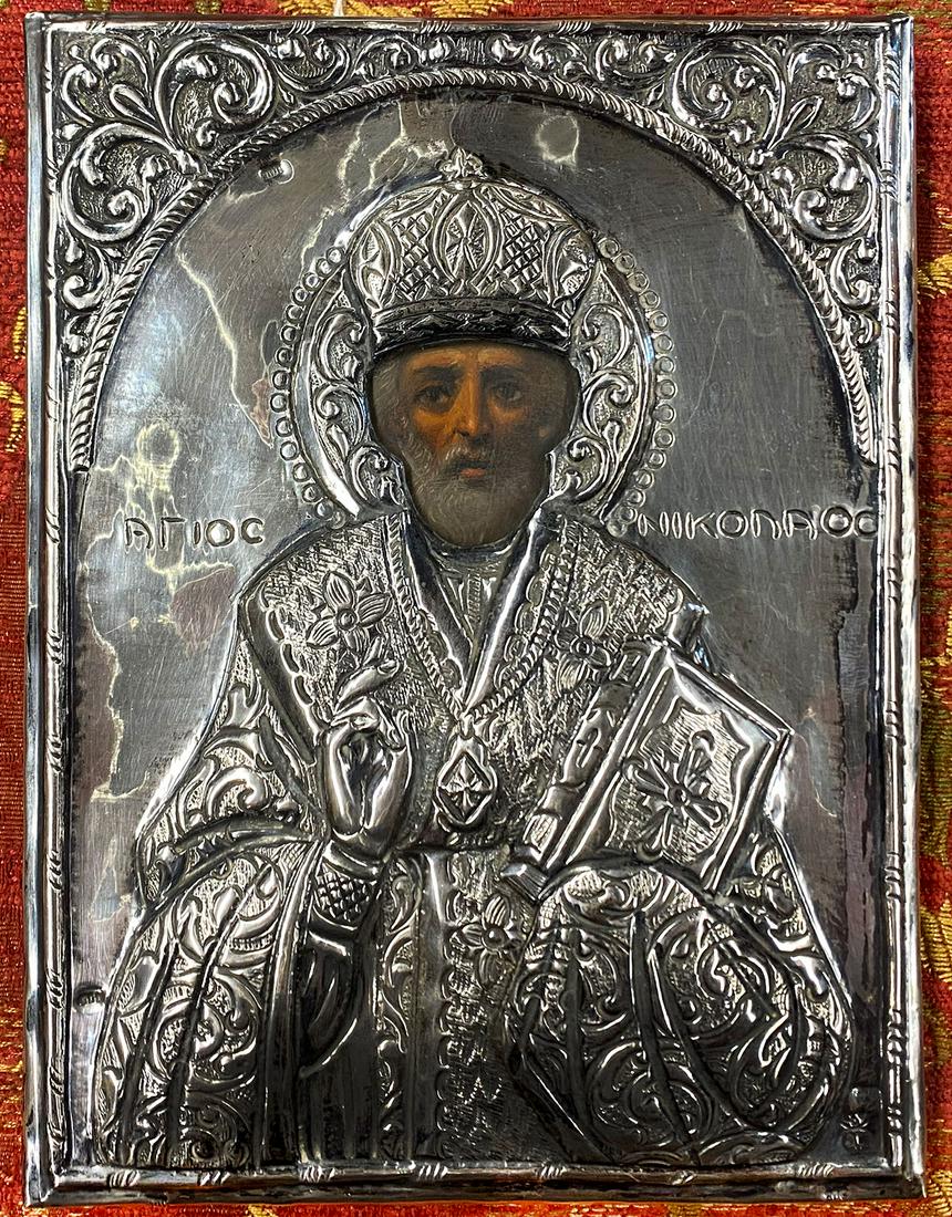CHASED SILVER AND PAINTED  ICON, ST. NICHOLAS (1 of 3)