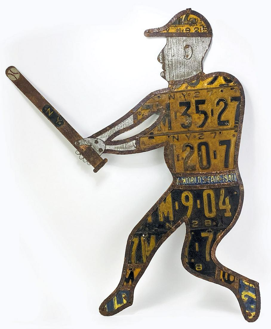 FOLK ART STEEL AND LICENSE PLATE BASEBALL BATTER (1 of 2)