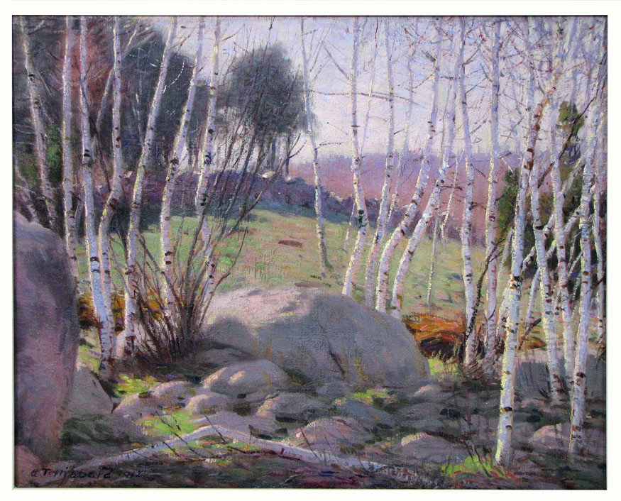 ALDRO THOMPSON HIBBARD (American, 1886-1972): fall landscape with birches and stonewall sgn. and dated l.l. A. T. Hibbard, 1912 o/c, 16 by 20 in., framed