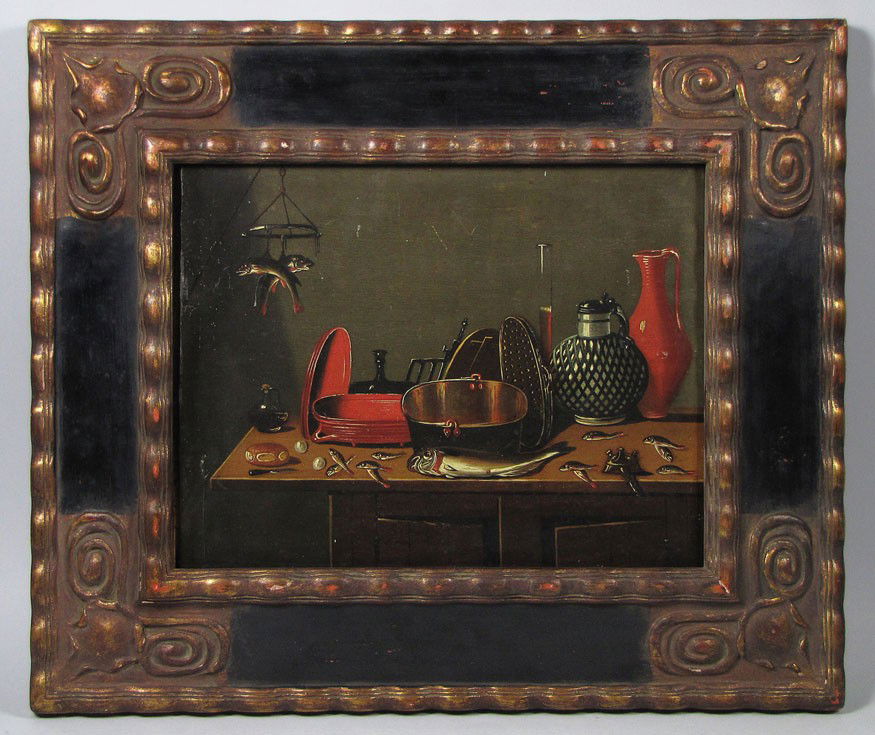 DUTCH SCHOOL, 18th c.: kitchen still-life with fish and pots unsigned, o/p, 11 by 13.5 in., in carved ebonized and gilded frame