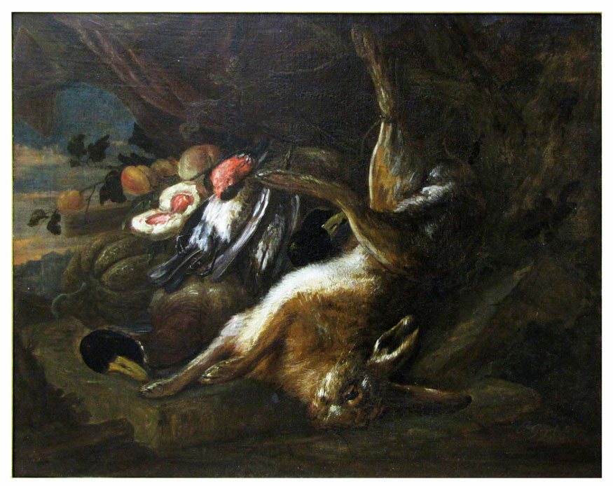ADRIAEN DE GRYEF (Flemish, 1657-1715): still-life with game and fruit sgn. l.r. A. Gryef f o/c, 26 by 32.5 in. (relined), Foster Bros. frame