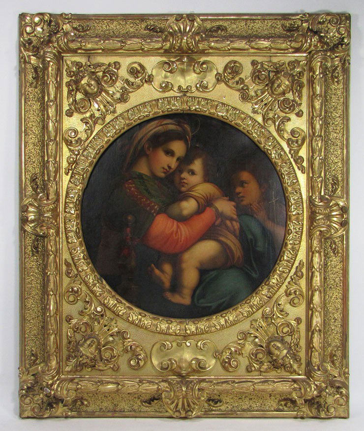 ITALIAN, 19th c., after SANZIA RAPHAEL: Madonna and child unsigned, o/c, painting 30 by 30 in., set in round opening 28"diam. large elaborate carved figural gilt frame, 57 by 46 in.