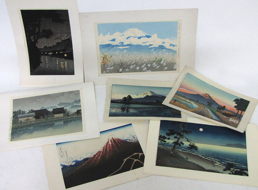 (on 7) LOT OF JAPANESE WOODBLOCK PRINTS: (2) Hasui Kawase (1883-1957) night street, in the rain, 15 by 10"; and country home in the rain, 10 by 14"; Koitsu Showa, shoreline in moonlight, 10 by 15"; along with four views of Mt. Fuji by variou