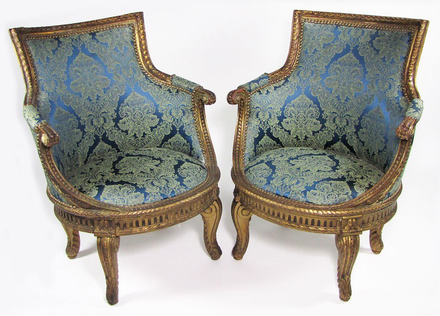 PAIR OF ITALIAN BAROQUE-STYLE CARVED AND GILDED AR: first quarter 20th c., upholstered in quality silk fabric, 38"h