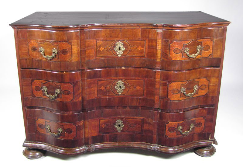 18TH C. GERMAN MARQUETRY AND INLAID OX-BOW COMMODE: shaped inlaid top above 3 conforming inlaid drawers with original brass handles and escutcheons, on bun feet, 35"h; 48"w; 23"d