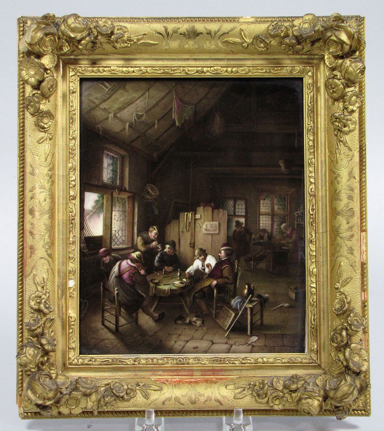 KPM PAINTING ON PORCELAIN PLAQUE: interior Dutch tavern scene with figures reverse with impressed KPM mark, and paper label Henry Bucker, PAINTER ON CHINA...22 Maurice St., Dresden...requests the attention of purchasers to his stock o