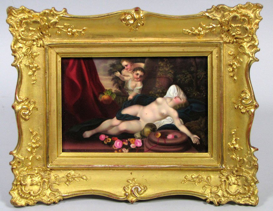 KPM PAINTING ON PORCELAIN PLAQUE: impressed K.P.M and scepter mark on reverse recumbant nude woman, children peeking, 5.5 by 8 in., original gilt frame