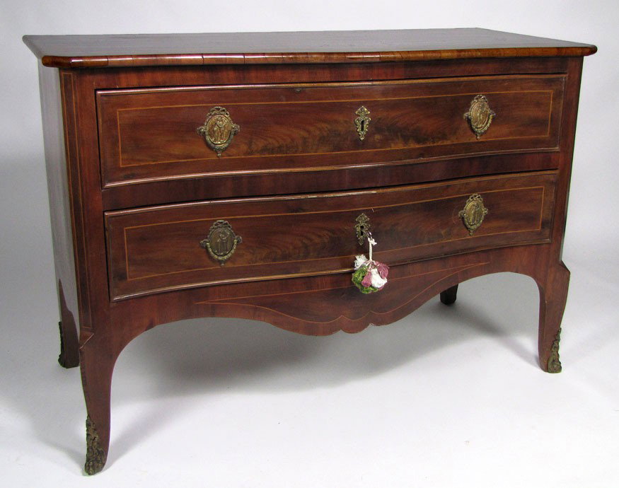 18TH C. DANISH ROCOCO INLAID FRUITWOOD SERPENTINE : 2 inlaid drawers with embossed figural brass pulls and escutcheons (possibly original), the drawers lined with old wallpaper, 34"h; top 50"w; 22.5"d
