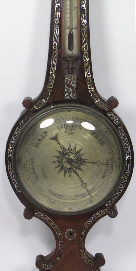 19TH C. ENGLISH INLAID ROSEWOOD BAROMETER/THERMOME: banjo form, with overall mother-of-pearl inlay, 40"h