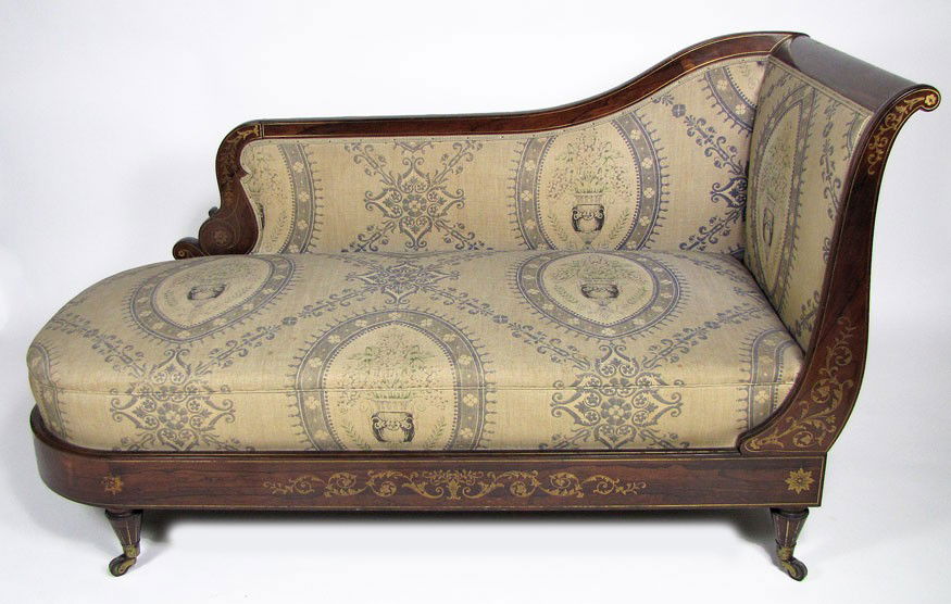 FRENCH CHARLES X BRASS INLAID ROSEWOOD RECAMIER: sleigh end, drop shaped back and rounded end, all-over floral brass inlay, on tapered legs with casters, stamped underneath, on frame edge, Dubois, 34"h; 59"w; 27"d