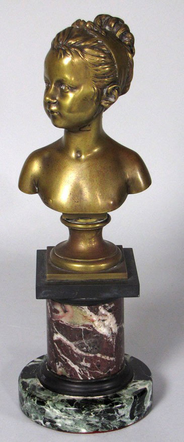 19TH C. FRENCH BRONZE BUST ON MARBLE BASE: after Jean Antoine Houdon, French, (1741-1828) mounted on stepped colored marble column, bronze bust marked: Susse F Ed Paris with Paris Foundry mark, sgn.Houdon Scupt, 14.5" h