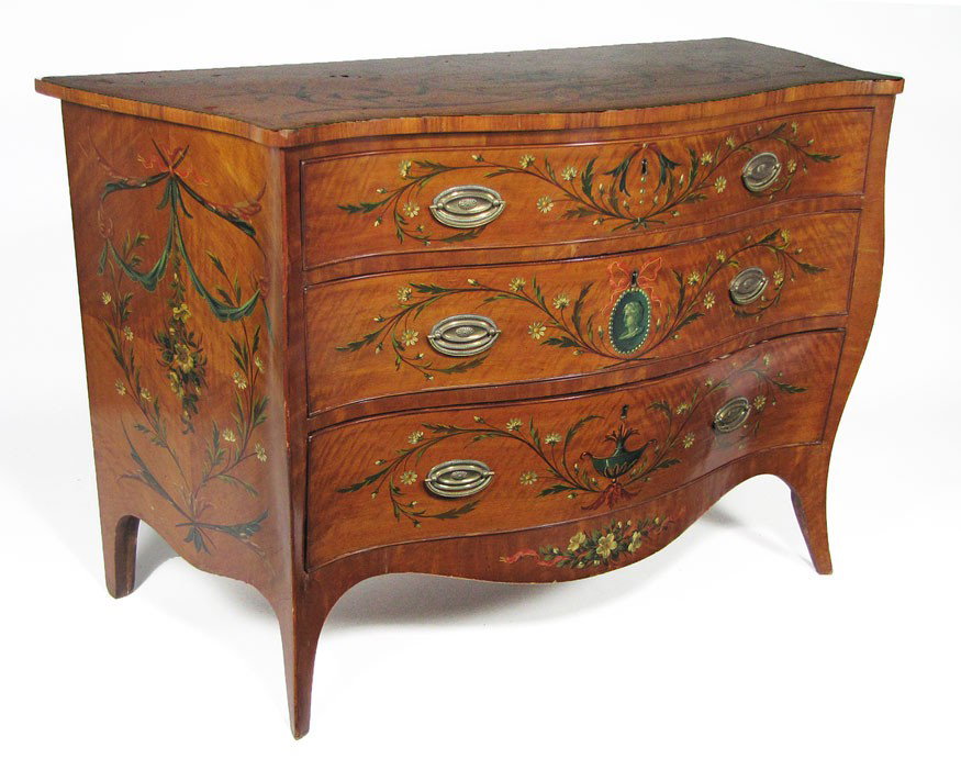 19TH C. ENGLISH EDWARDIAN SERPENTINE DECORATED SAT: overall all paint decoration in the manner of Angelica Kaufman, top with oval of musical instruments, three decorated graduated drawers, scrolled apron, on flared legs, 32"h; 49"w; 22"d