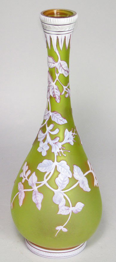 ENGLISH CAMEO ART GLASS VASE: acid etched mark on bottom Stevens & Williams, ART GLASS, 196 Kings iridescent yellow with white flowering vine edged in red, classical collar and base, 12"h