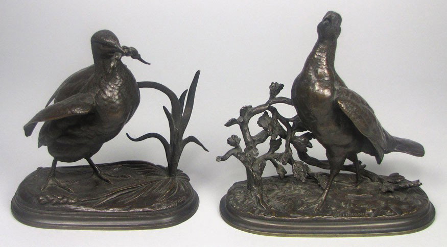 (on 2) FRENCH BRONZE BIRD SCULPTURES: sgn. on base, J. Moigniez (Jules Moigniez, 1835-1894), after both of ruffled grouse, 7"h
