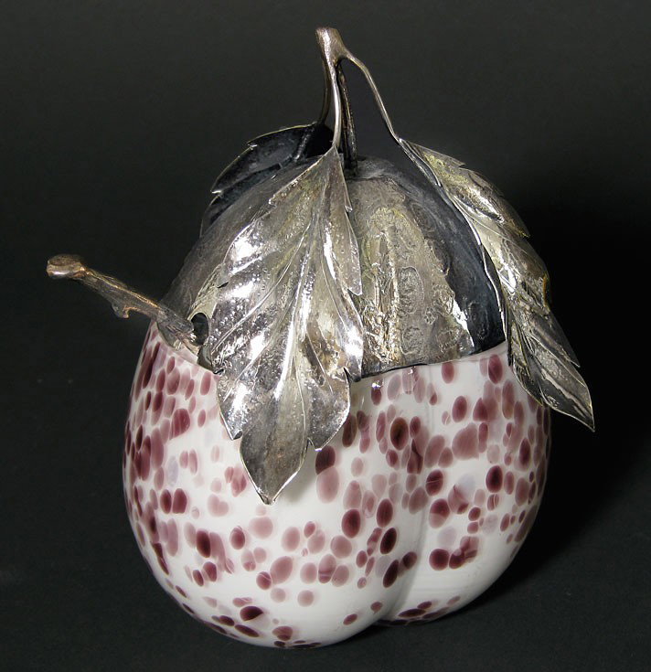 BUCCELLATI STERLING AND GLASS SPECKLED PLUM-FORM J: 20th c., marked BUCCELLATI, ITALY, STERLING molded in the shape of a plum with silver leaf and twig-form spoon, 5.75"h, in original box
