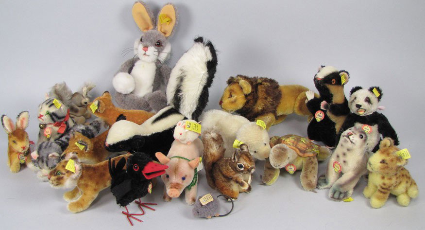 LARGE BOXLOT OF SMALL STEIFF STUFFED ANIMALS: inc. skunk, fox, pig, bunny, Slo-Turtle, polar bear, panda, squirrels, lions; along with German Wagner animal tree ornament From the Cambridge, MA estate of Carol Ishimoto,