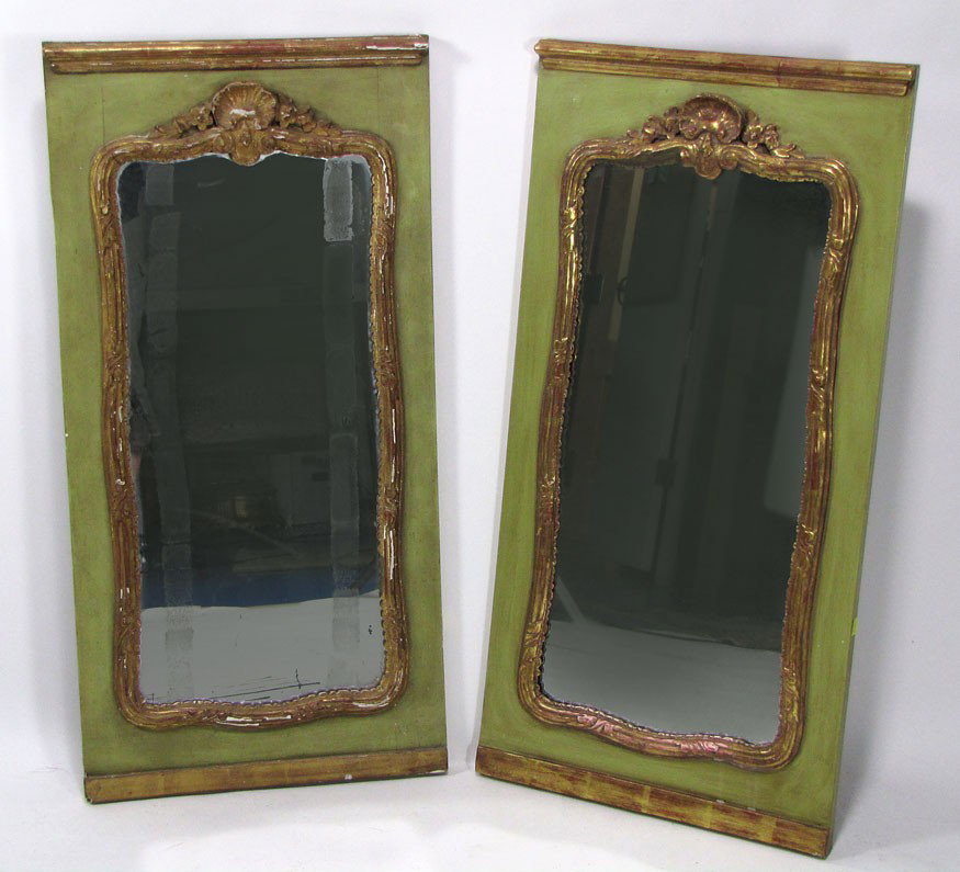 PAIR OF FRENCH-STYLE PAINTED AND GILDED MIRRORS: 34"h; 17"w