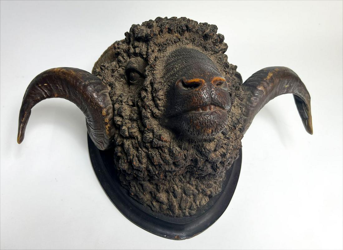 19TH C. LIFE-SIZED CARVED RAM'S HEAD (1 of 4)