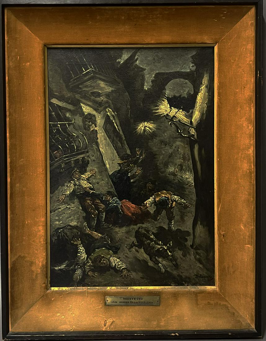 after EUGENE DELACROIX (French, 1798-1863): Terremoto (earthquake) sgn. l. r. Delacroix o/c (relined); 20.5 by 14 in.; velvet lined frame 27.5 by 21 in. Brass plaque with title and artist.N