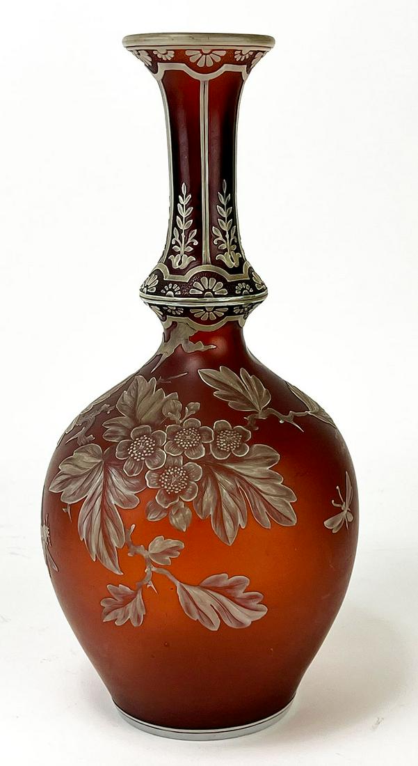 ENGLISH CAMEO GLASS VASE, WEBB: unsigned. prob. Thomas Webb & Son, bottle-form with flared neck, floral branches and insects, deep plum color; 12.5" hNOTE: Apologies, we cannot approve bidders during the auction.