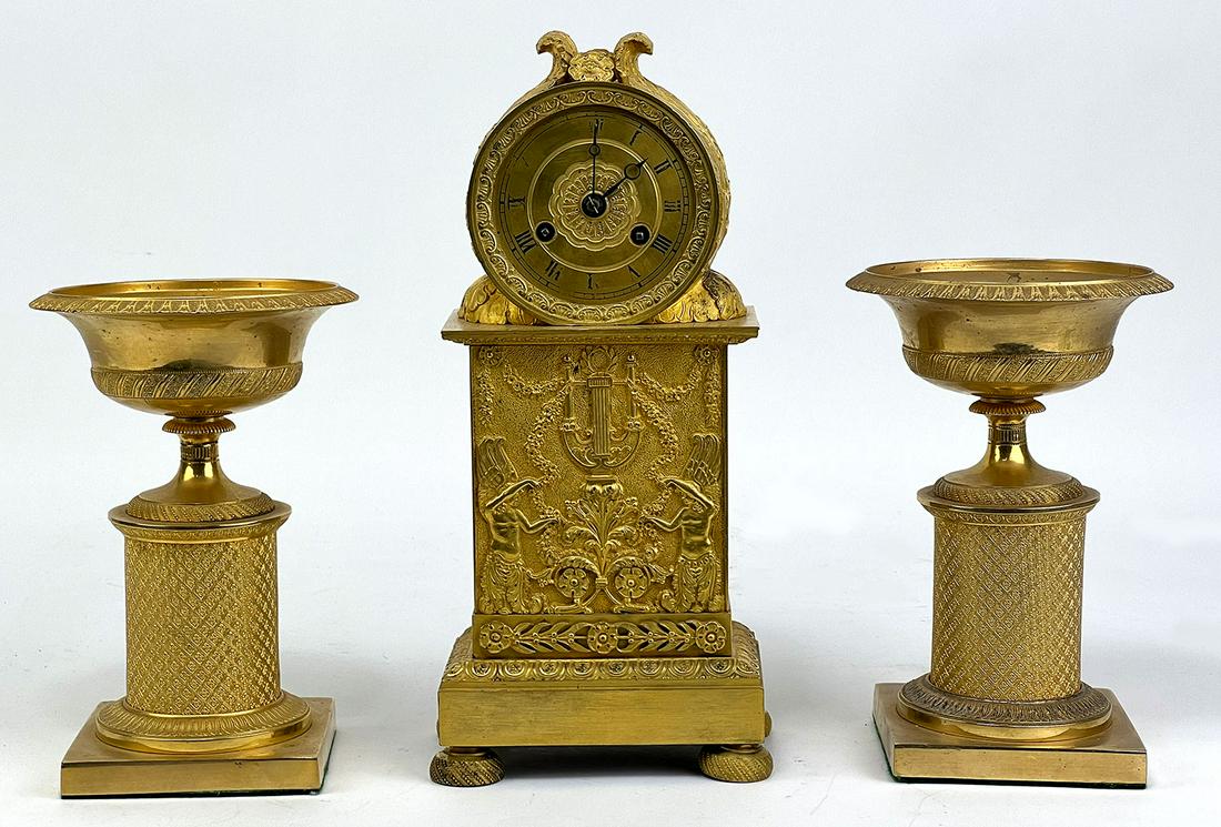 SMALL-SIZED CONTINENTAL GILT BRONZE CLOCK SET (1 of 2)