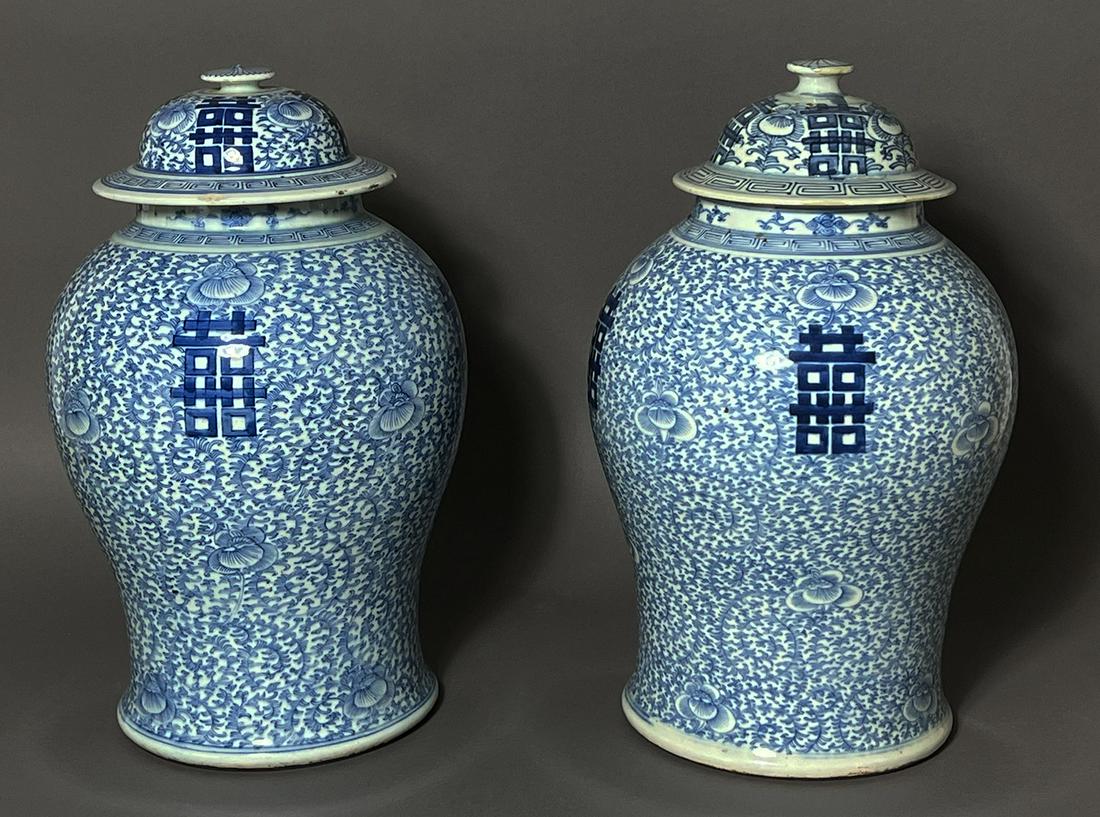 PAIR OF CHINESE BLUE AND WHITE PORCELAIN COVERED JARS (1 of 2)