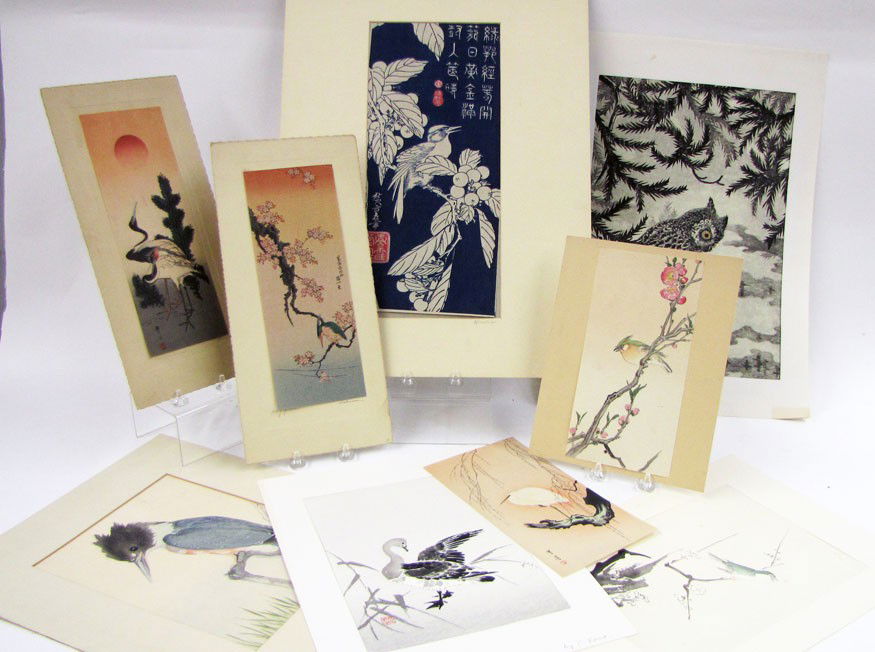 PRINTS/JAPANESE/BIRDS: (on 9): bird on branch Hiroshige; (2) birds by Kano; a small kingfisher, a and crane at sunset by Hokusai; an owl in pine bough; a kingfisher; a small stork; bird on branch Estate of Carol Ishimoto, Cambridge
