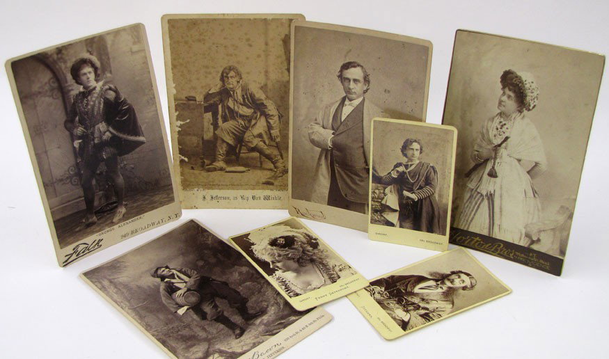 PHOTOGRAPHY/CDV: (on 8) 19TH C. ACTORS: 4.25" by 6.5" - Edwin Booth by Rockwood, NY; (2) Joe Jefferson, as Rip Van Winkle by Sarony (scrapes to edge), the other by Gilbert & Bacon, Phila; George Alexander by Falk, NY; actress, perhaps Fanny