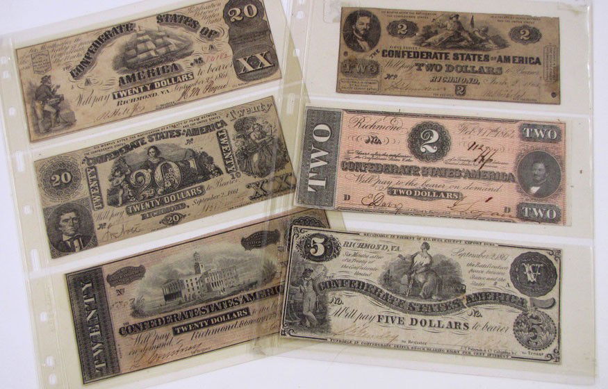 EPHEMERA/CIVIL WAR: (on 6) CONFEDERATE STATE CURREN: (3) twenty dollar bills; (2) two dollar bills; (1) five dollar; all Richmond, Virginia dates, 1861-1864 (minor wear and minimal staining)